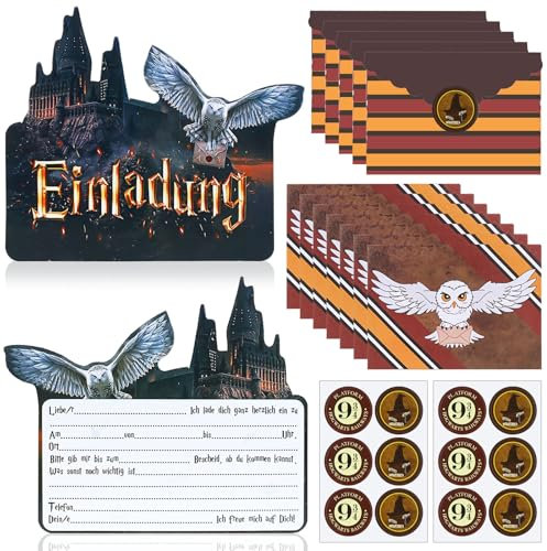 12 Stück Wizard Einladungskarten Kindergeburtstag, Zauber Thema Partyeinladungen Kinder, Zaubere Geburtstagseinladungen für Jungen Mädchen, 12 Einladungskarten Deutsch + 12 Umschlag + 12 Aufkleber