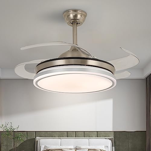 42 Modern Retractable Ceiling Fan with Lights Remote Control 6 Speed Reversible Motor Ideal for Bedrooms Restaurants Living Rooms Silver