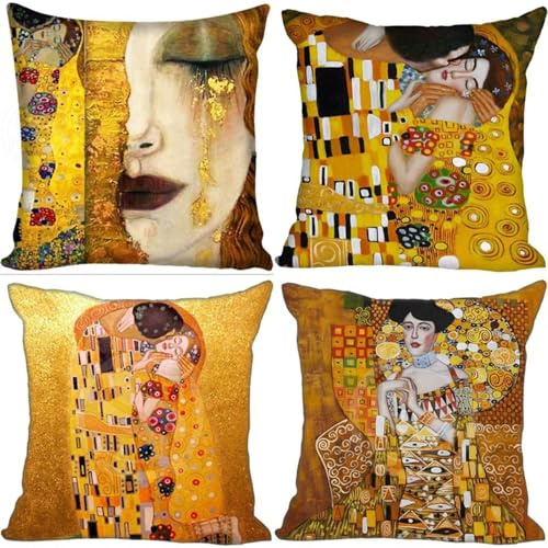 HHQGOUYG Kissenbezug 45x45cm 4er Set Outdoor Kissen Dekokissen Leinen Kissenhülle Modern Kissenbezüge Gelb Gustav Klimt Kissenhüllen für Sofa Wohnzimmer Balkon Außenbereich Saisonnal Zierkissen R-44
