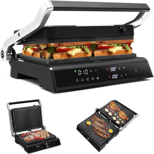 FANTASK 3 in 1 Sandwichmaker, 1800W Kontaktgrill 90℃-230℃, 2 abnehmbare Antihaftplatten, Waffeleisen, Schwarz