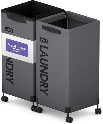 Caroeas Next-Gen 105L Metallrahmen Wäschekorb mit Rollen, Wäschesammler für Waschraum (105L, Grau, 2er Pack)