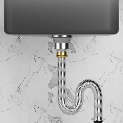 GLOBALHUT Waschbecken-Ablauf-Set, Edelstahl, Siphon, Abfluss, Flexibler Rohrschlauch, geruchsdichter Silikon-Dichtungsring für Badezimmer, Küche, Sanitäranlagen Hohe Temperaturbeständig(80 cm)