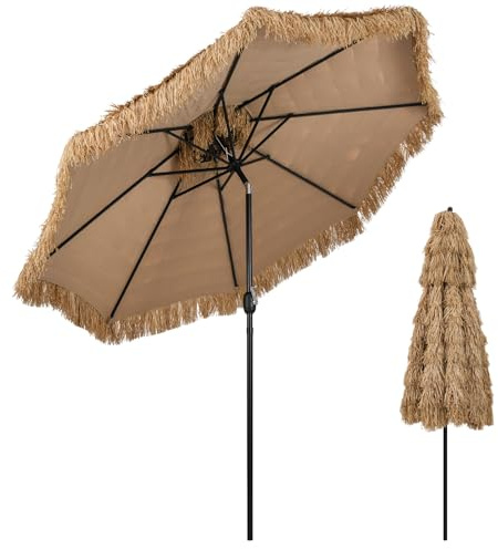 COSTWAY Parasol de Jardin Exterieur Ø318 cm, Parasol Hawaïen Exotique en Paille PE à 12 Couches, 30° Inclinaison Réglable et Manivelle, 8 Baleines, Toit Ventilé, pour Jardin Plage Piscine