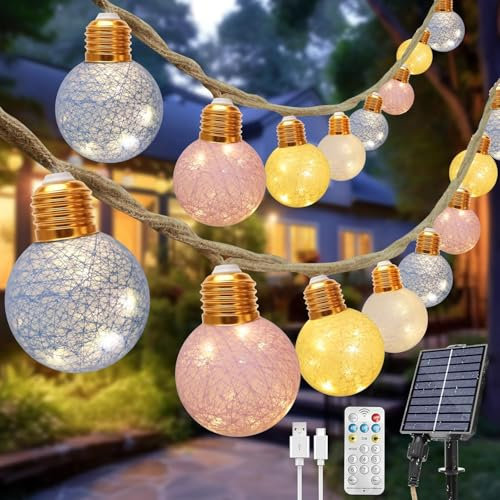 Coomoors Solar Lichterkette Aussen, 8M Solar Lichterkette Außen mit 16 Cotton Ball Wetterfest, 8 Modi Timer Dimmbar USB für Vintage Deko Garten Balkon Terasse Hochzeit Party, Warmweiß