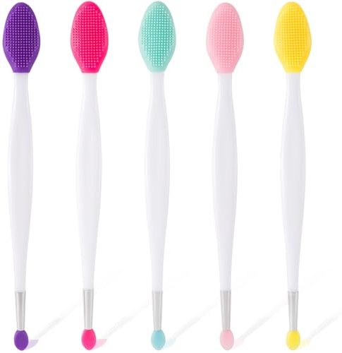 Mxxipp 5pcs Lip Scrub Brush, Silicone Lip Exfoliator Brushes Scrubber Tool, Double-Sided Lip Cleaning Exfoliating Remove Dead Skin Tool for Men Women Dark Lips- Pink & Yellow & Blue & Purple & Red
