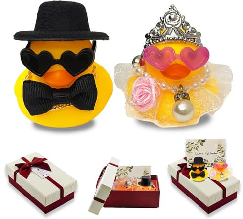 2er-Set Quietscheenten Braut und Bräutigam,Lustige Hochzeitsgeschenke für Brautpaar,Hochzeitspaar Figuren Klein mit Karte & Bogen Geschenkbox (Weiß)