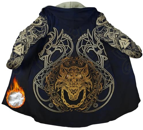 Söhne des Fenrir Zeitloser Wikinger Parka mit Kapuze, Valhalla Long Coat Design Mantel mit Symbolischem Wolfskopf, 3D-Gedruckte Übergangsjacke aus Dick Sherpa Warm Gefüttert - Ewiges Wikinger-Erbe