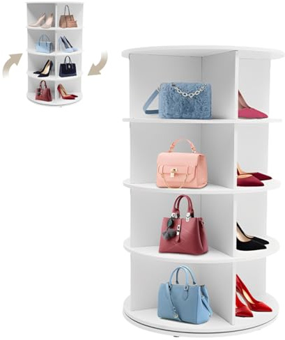Armanyya Drehbares Schuhregal mit 4 Etagen, 360° Drehbarer Schuhschrank, vertikale Handtasche, rundes Karussell, Tragfähigkeit 50kg, Aufbewahrung, 59×59×92,7cm (Weiß)