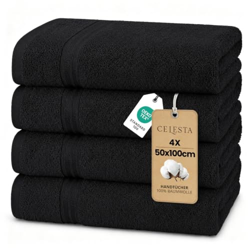 CELESTA Handtücher 50x100 cm, 4er-Set 100% Baumwolle Frottee, Schwarz | OEKO‑TEX zertifiziert, weich & saugstark, mit Aufhänger, für Badezimmer, Gäste‑WC, Küche, Gym & Sport