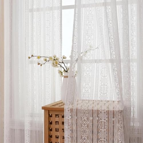 Boho Crochet Curtains for Living Room and Doors – Shabby Chic Lace Window Drapes, Vintage Geometric Macrame Net Curtains, Sheer Liner for Bedroom, Rustic Style (White, 2 Panels)-55x102 inch