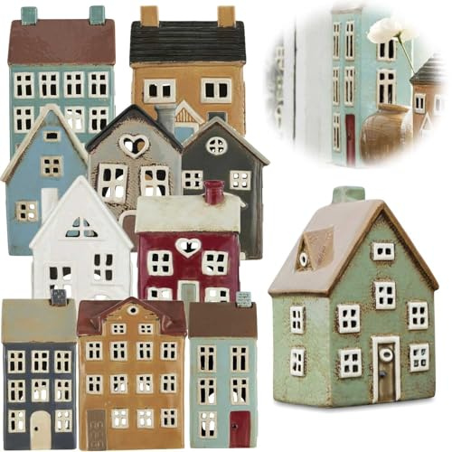 LS-LebenStil Teelichthaus Lichthaus 17cm Grün Braun Keramik Fachwerkhaus Nyhavn Teelichthalter Windlichthalter Kerzenständer Teelichtständer Windlicht für Teelichter Lichterhaus Fachwerkhaus