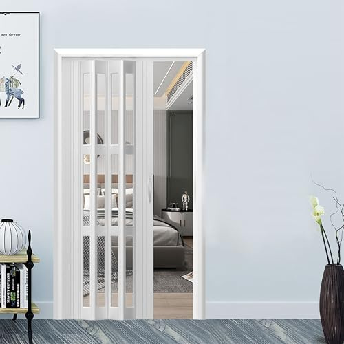 Kgfvesdc Accordion Doors Internal, PVC Plastic Internal Doors Sliding(110 * 203cm),Silent-Running Slide Rails,Magnetic Locks Folding Closet Partition Panel for Bedroom, Kitchen, Cupboard