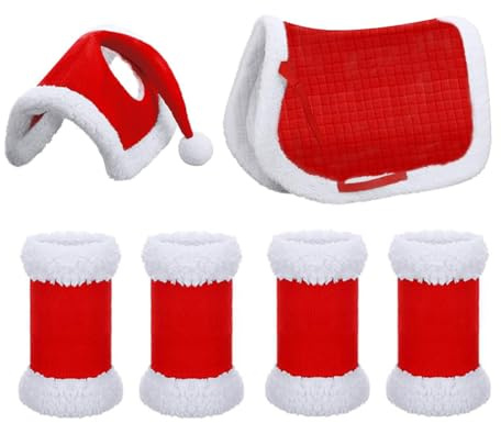 Weihnachts-Pferdebekleidungsset mit Mütze, Schabracke & 4 Beinwickeln – Rotes Weihnachtsmann-Design, warm & bequem