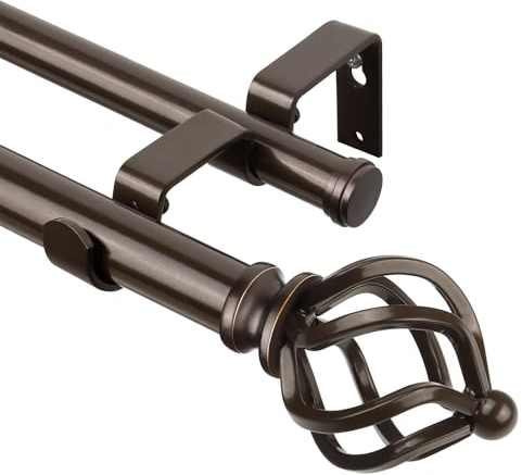 KAMANINA Gardinenstange 2 Läufig 167-304 cm, Ø 22 mm Vorhangstange Bronze | Gardinenstange Doppelläufig, Verstellbar, Wandhalterung, bis 13KG, mit Twisted Cage Endstück, für Fenster, Einfache Montage