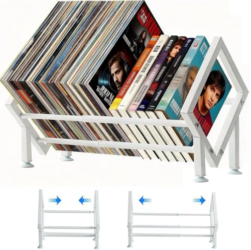 Rosqmor Soporte Vinilos Metal, Porta Discos Vinilo Extensible para 80-100 LPs, Organizador Vinyl Records Mesa, Estante Vinilos para CD, álbumes, Revistas, Libros (Blanco)