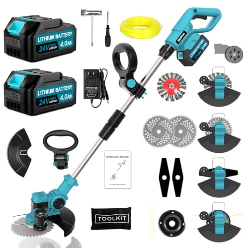 Rasentrimmer Mit Akku Für Makita Rasentrimmer, 4 in 1 Akku Rasentrimmer Mit 2 Akku Und 4 Arten Klingen, 21V Akku Freischneider Mit Seitlichen RäDern FüR Einfaches Trimmen Der Kanten. (Blau)