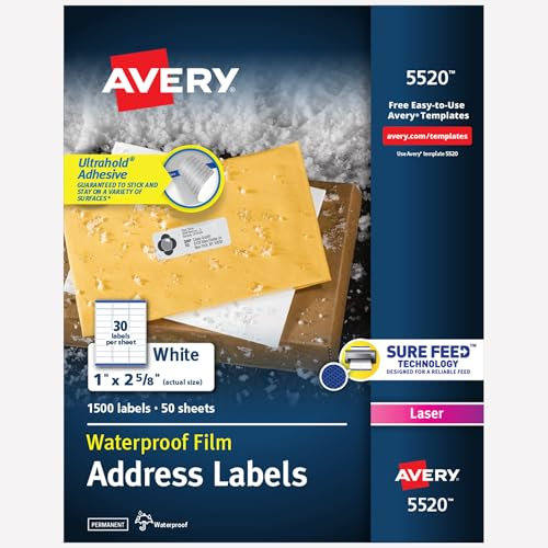 Avery Wasserdichte Aufkleber-Etiketten für Drucker, 2,5 x 7,1 cm, Ultrahold permanent klebend, Laserdrucker, 1.500 bedruckbare Avery Adress-Etikettenbögen (5520)
