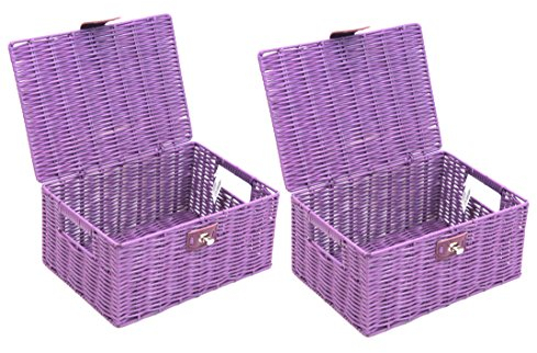 2 x Arpan Resin Woven Storage Hamper Basket Box With Lid & Lock (Purple -Small)