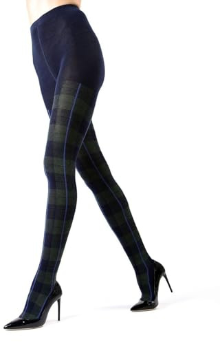 MeMoi Scottish Plaid Tartan Sweater Tights, Navy Blazer, Large/X Large