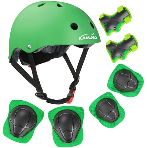 Kamugo equipo de protección ajustable para deportes para niños ajustable, casco, rodilleras, coderas y guantes para bicicleta BMX, motocicleta, skateboard, monopatín y otros deportes extremos , verde