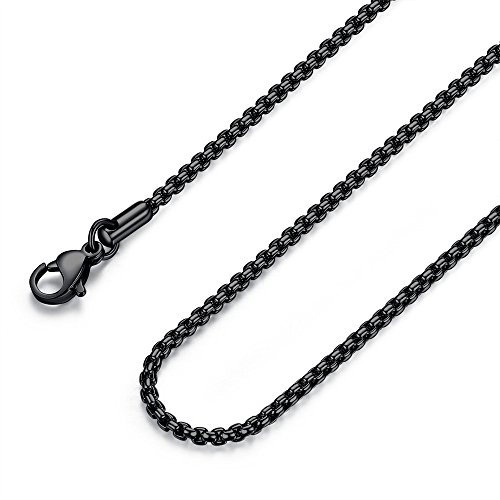 FOSIR Mens Black Rolo Chain Necklace, Stainless Steel Chain for Men and Women, Wide 2mm, 30 Inch