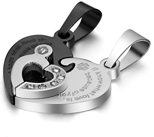 Cupimatch Pärchen Kette Herz für 2 Herren Damen Edelstahl I Love You Herz Strass Puzzle Passender Anhänger Paar Halskette mit 50 cm & 55 cm Kette Partnerarmbänder