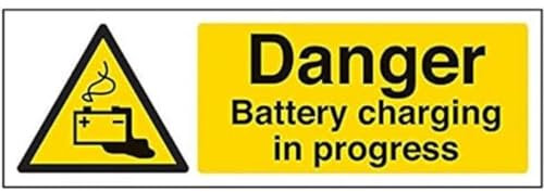 V Safety Danger Battery Charging In Progress Warning Sign - 300mm x 100mm - Self Adhesive Vinyl