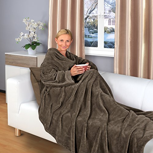 Gräfenstayn® Kuscheldecke mit Ärmel – Flauschige Decke zum Anziehen – Öko-Tex Standard 100 – Ärmeldecke für Damen & Herren – TV-Decke (Dunkelbraun, 200x150cm)