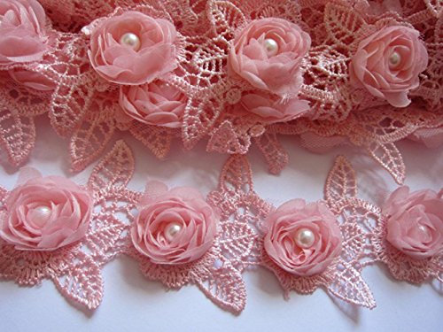 YYCRAFT 2 Stück (1,8 m) Chiffon-Rose 6,3 cm Spitzenrand Borte Perlen Hochzeit Applikation DIY Nähen Handwerk Rosa