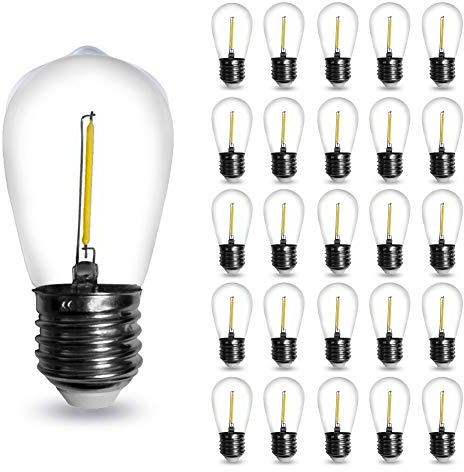 S14 LED String Light Bulbs 1W Shatterproof&Waterproof E26 Base Edison Bulbs Daylight White 6000K 150 Lumen Energy Efficient Replacement for Indoor/Outdoor Use,25 Pack