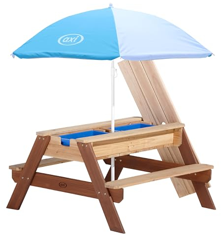 AXI Nick Table Sable et Eau/Pique Nique avec Parasol en Bois Marron | 95 x 97 x 48 cm | avec Couvercle, Boîtes de Rangement & Parasol | Extérieur pour Le Jardin