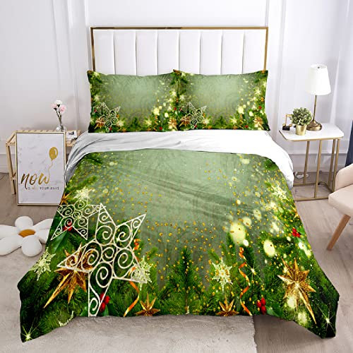 ZZDXL Bettwäsche 200x200cm Grüne Weihnachten Bettbezug Set Weiche Flauschige Gebürstet Microfaser 1 Bettbezug mit 2 Kopfkissenbezug 80x80 cm mit Reißverschluss