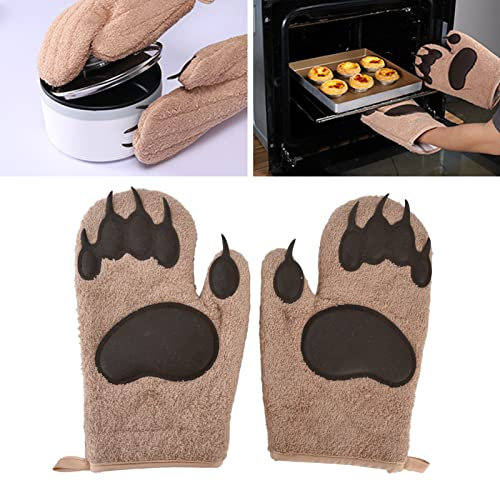 RIESKAS Bear Hands Style Cute Heat Insulation Glove with Hanging Hole Silicone Kitchen Microwave Oven Glove Thickened Heat Resistant Pizza Glove BBQ, Baking, Cooking, Cutting, One Size Brown