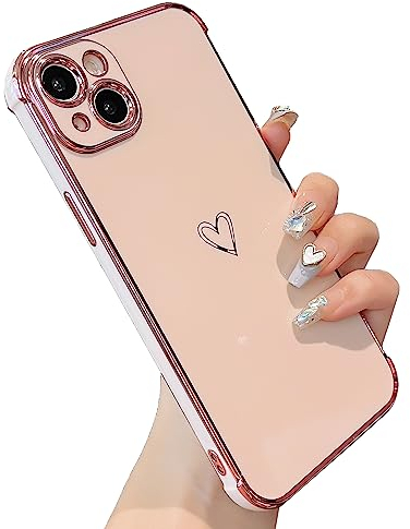 ZTOFERA Compatible with iPhone 13 Case for Girls Women, Flexible Silicone Phone Case with Cute Heart Pattern Electroplated Design Shockproof Protective Bumper Cover for iPhone 13, Pink