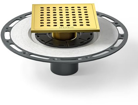Bernkot Square Shower Drain 6 Polished Gold with PVC Bonding Flange Base 304 Stainless Steel Drain Grate Removable with Stainless Drain Key for Low Profile Shower Tiles