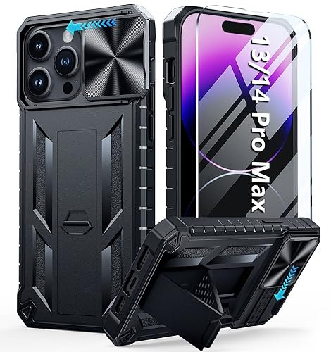 FNTCASE für iPhone 14-Pro Max Hülle: Stoßfeste Robust Militär-Grade Fallschutz Hülle mit Ständer Heavy Duty Harte Bumper rutschfest Schutzhülle Cover für iPhone 13/14 Pro Max Schwarz