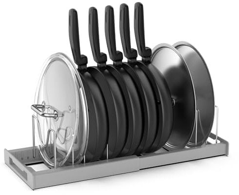 Anhow Pan Lid Holder, Expandable Baking Tray Storage Rack with 7 Adjustable Divider for Pan Lids/Saucepan/Cutting Board/Baking Trays/Chopping Board - Gray
