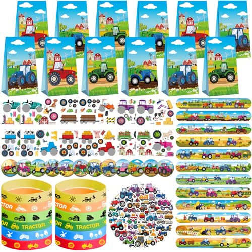 Lilwemen Tractor Party Favors - Farm Tractor Theme Birthday Party Supplies Decorations, Gift Bags, Slap Bracelets, Rubber Bracelets, Tattoo Stickers, Button Pin, DIY Stickers