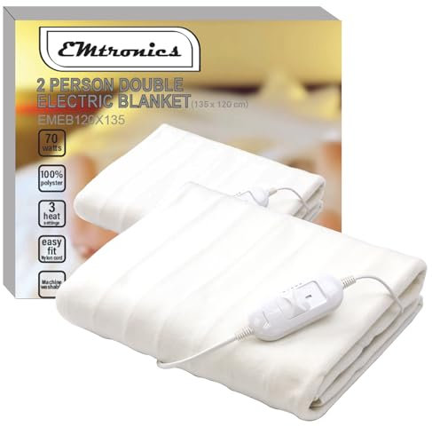 EMtronics Heated Electric Under Blanket Bed Warmer with 3 Heat Settings, Overheat Protection, Machine Washable - Double Size 135cm x 120cm