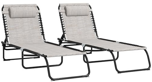 Outsunny 2 Piece Foldable Sun Loungers, Outdoor 4 Level Adjustable Backrest Reclining Chaise Chairs, Steel Frame Recliner Chair for Camping, Hiking, Cream White