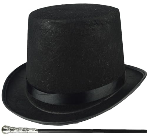 Costume haut de forme 2 pièces/ensemble chapeau haut de forme d'Halloween et canne noire de 31,5 pouces accessoires pour hommes des années 1920 pour hommes femmes spectacle magique, cosplay, danse, ch