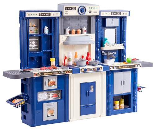 VEVOR Cocina de Juguete para Niños 3 en 1 Cocinita Infantil Juguete de Simulación con Spray Simulado Sonido Luz 74 Piezas de Accesorios de Cocina para Niños, Preescolares, Niños de 3 a 8 Años, Azul