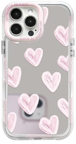 NITITOP Compatible with iPhone 14 Pro Max Case Cute Glossy Mirror Love Heart Pattern for Women Girls Pink Lens Bezel Design Shockproof Silver Protective Phone Cover - Pink Heart