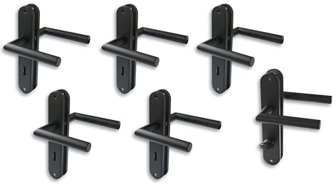 Langschildgarnitur Türbeschlag im 6er Set, Edelstahl schwarz für 5 Zimmertüren mit Buntbartlochung und 1 Bad-WC-Tür, Türklinke, Türgriff