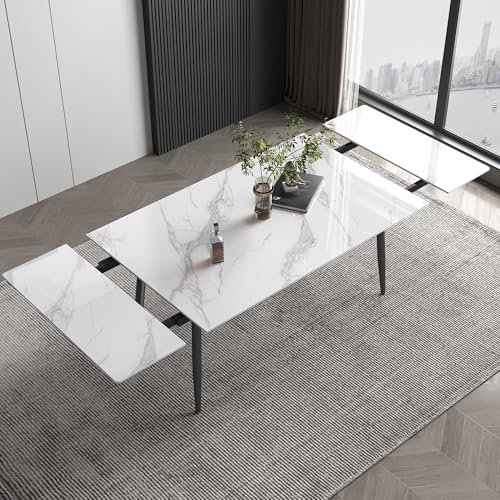 OLEYLUCKIDEA Moderner ausziehbarer Esstisch für 6 bis 10 Personen, Küchentisch mit Marmor-Effekt, Esszimmertisch für Esszimmer und Küche, weiß, ausziehbar von 160 – 240 cm