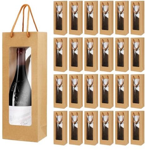 24 Pcs Kraft Paper Wine Bags with Transparent Window, Sturdy Reusable Wine bottle gift bags Single Bottle with Handles for Birthdays, Anniversaries, Party, Christmas, Shopping