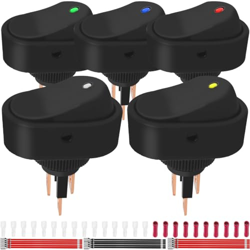 MKBKLLJY 5 Stück LED-beleuchteter Wippschalter 12V 20A beleuchtet SPST 3-polig EIN/AUS oval 12mm Loch rot gelb blau grün weiß für Auto LKW Wohnmobil Motorrad Boot Marine