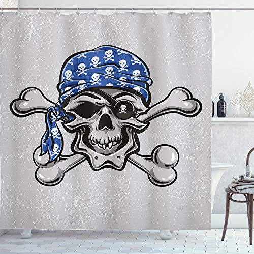 ABAKUHAUS Schädel Duschvorhang, Pirate Schlechter Kopf Knochen, Stoffliches Gewebe Badezimmerdekorationsset mit Haken, 175 x 200 cm, Blau grau Schwarz Grau