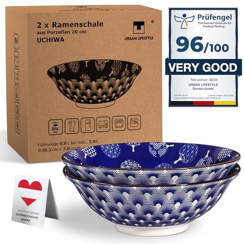 Urban Lifestyle Large Ramen Bowl Set of 2 Ceramic 8 33-35OZ(900-1000ml) Soup Noodle Japanese Set Large Cereal Salad Pho Soup Ramen Pasta Bowl (Uchiwa)