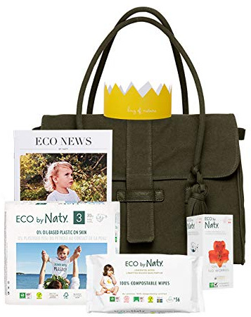 Eco by Naty Nappy Bag Green, Made of GOTS certified organic cotton, Magnetic closure, includes Nappies size 3 and Unscented wipes